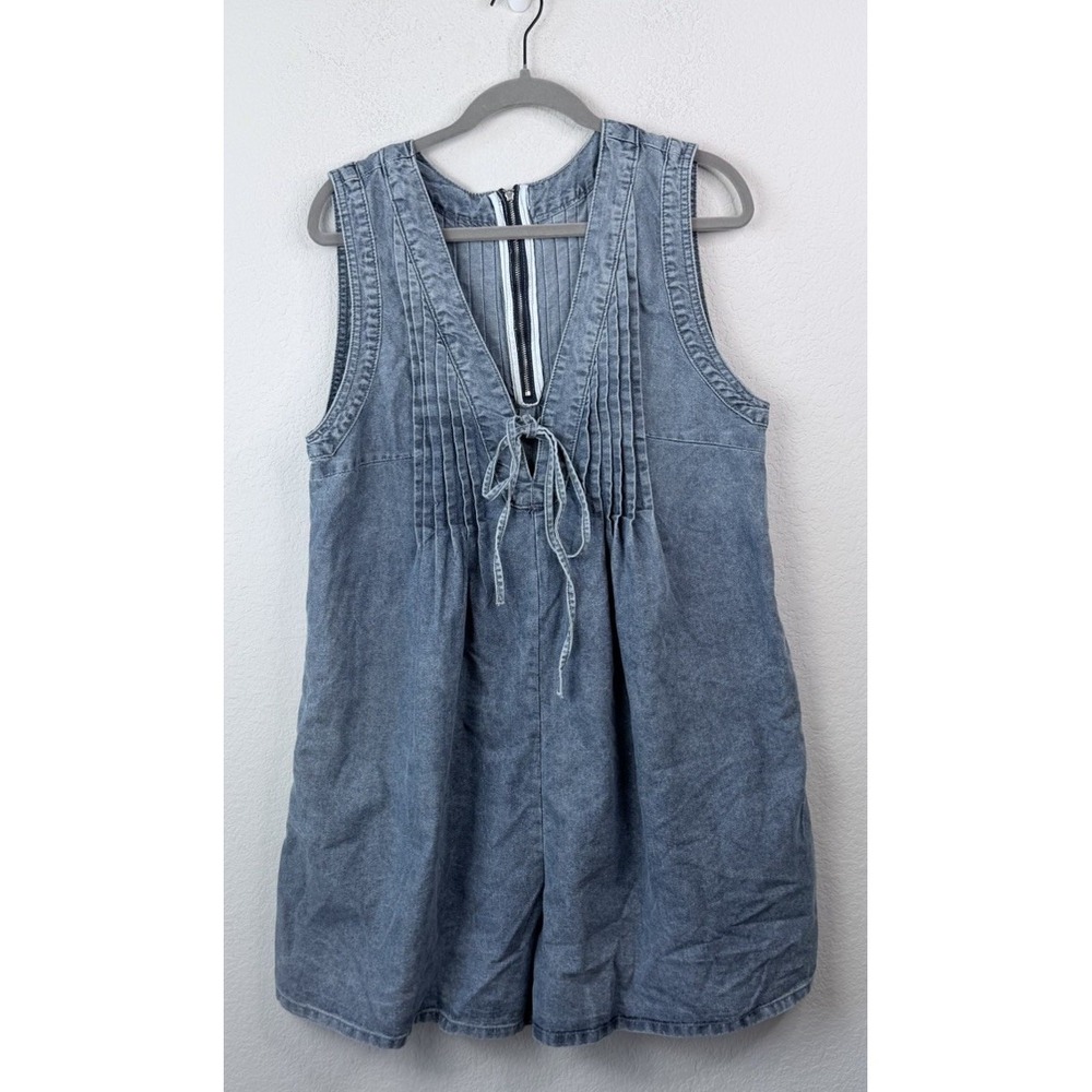 Denim Babydoll Romper Jumpsuit Blue Washed Women's L Pintuck Relaxed Boho Artsy